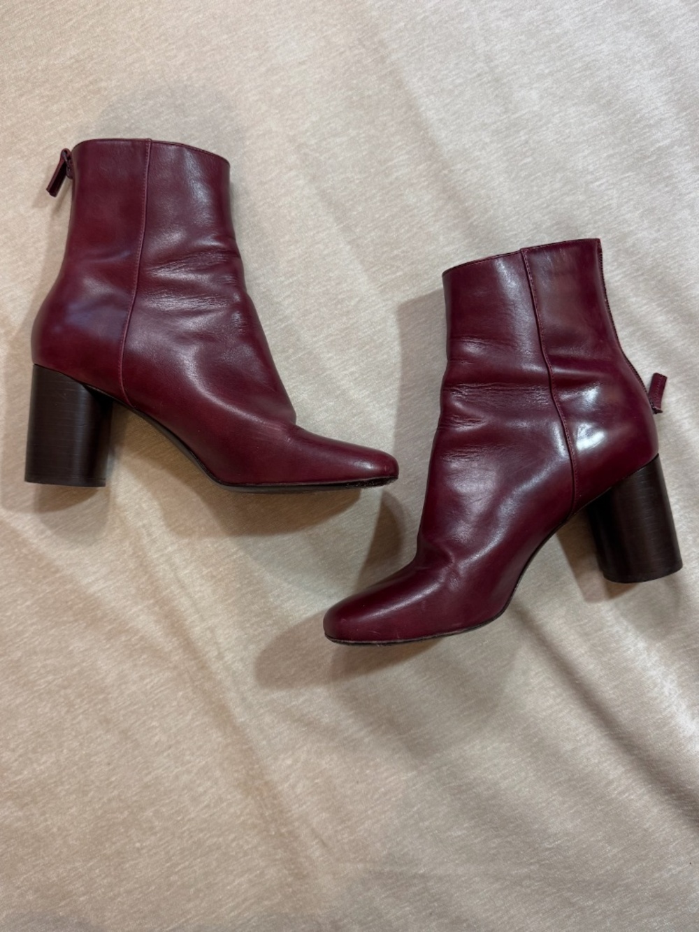 Sandro Burgundy Leather Block Heel Boots Size 38 EU